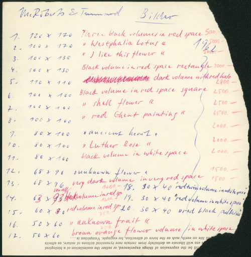 Liste verschiedener Bilder von Otto Piene für die McRoberts and Tunnard Gallery, London, ohne Datum (1962)