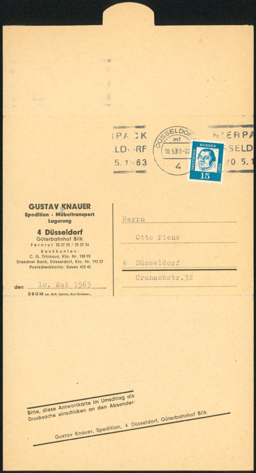 Gustav Knauer Spedition (Absender*in), Korrespondenz von Gustav Knauer Spedition an Otto Piene, 10.05.1963