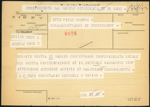 Biennale Internazionale d'Arte di San Marino (Absender*in), Korrespondenz von Biennale Internazionale d'Arte di San Marino an Otto Piene, 31.05.1963