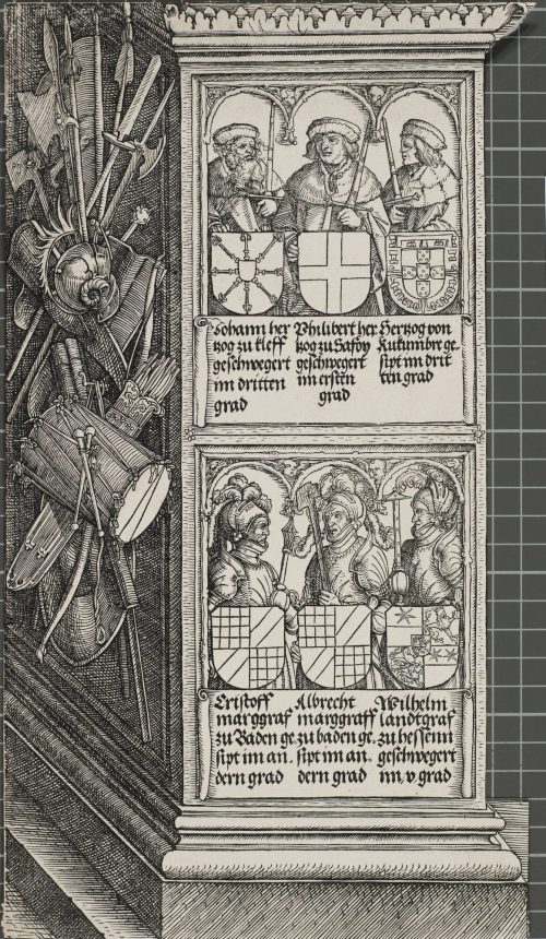 Albrecht Dürer (Künstler*in), Detail aus der Ehrenpforte für Kaiser Maximilian I. (1459 - 1519), Kaiser des Heiligen Römischen Reiches, mit der Herrscherfolge 7-12, u.a. mit Johann II. (1458 - 1521), Herzog von Kleve, 1559