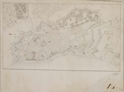 Unbekannt (Zeichner*in), Stadt und Festung Düsseldorf mit den umliegenden Gärten und kartierten Baumreihen auf den Wällen und Plätzen um 1798, 1798