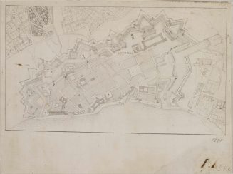 Stadt und Festung Düsseldorf mit den umliegenden Gärten und kartierten Baumreihen auf den Wällen und Plätzen um 1798