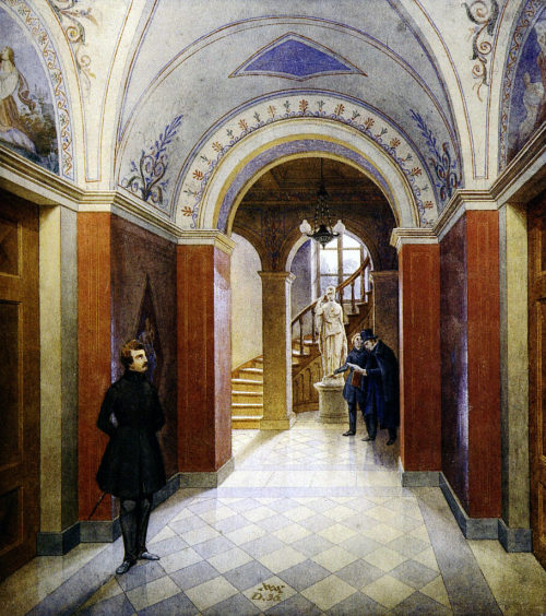 Rudolf Wiegmann (Künstler*in), Der Korridor im Wohnhaus von Wilhelm von Schadow, Schadowstraße 56, im Hintergrund Direktor von Schadow und der junge Caspar Scheuren., 1836