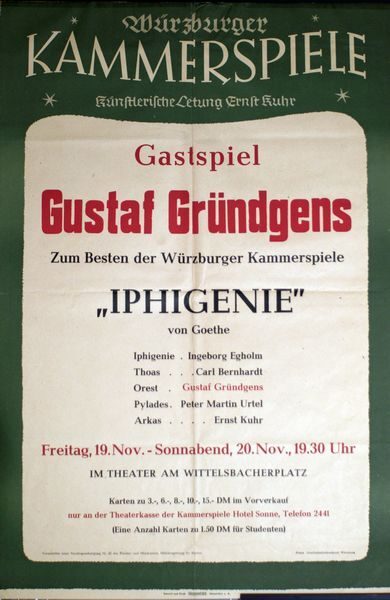 Theaterplakat zur Aufführung von "Iphigenie" von Johann Wolfgang von Goethe, Würzburger Kammers ...