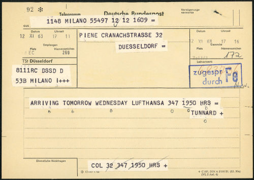 McRoberts & Tunnard Limited (Absender*in), Korrespondenz von McRoberts & Tunnard Limited an Otto Piene, 12.11.1963