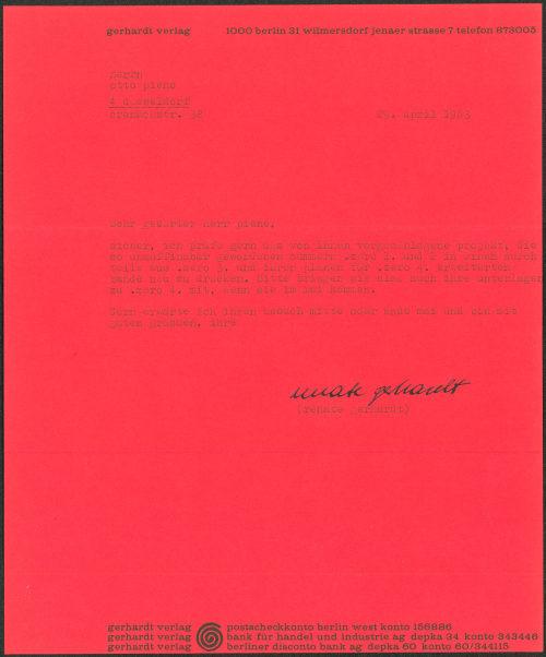 Otto Piene (Empfänger*in), Korrespondenz von Gerhardt Verlag/Renate Gerhardt an Otto Piene, 29.04.1963