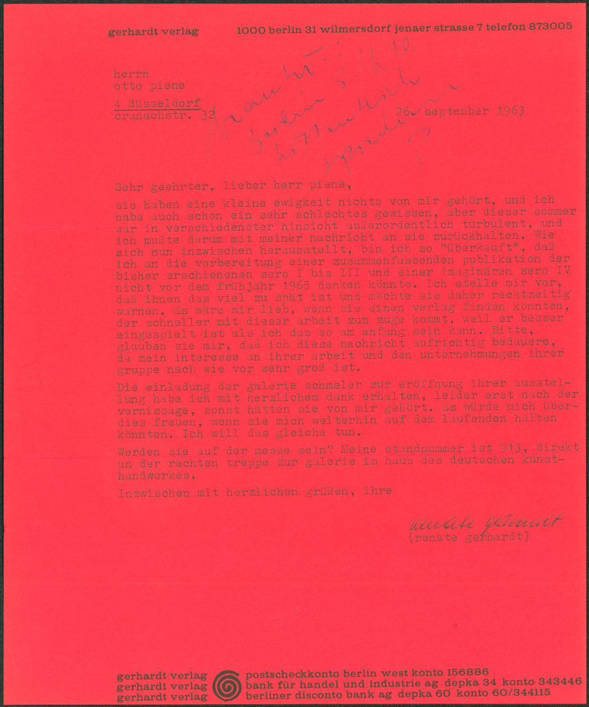 Korrespondenz von Gerhardt Verlag /Renate Gerhardt an Otto Piene