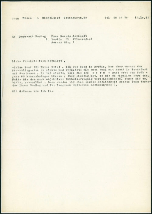 Otto Piene (Absender*in), Korrespondenz von Otto Piene an Renate Gerhardt/Gerhardt Verlag, 13.10.1963