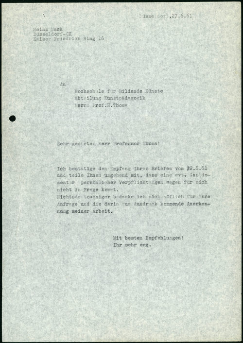 Heinz Mack (Absender*in), Korrespondenz von Heinz Mack an Hochschule für Bildende Künste, 27.06.1961