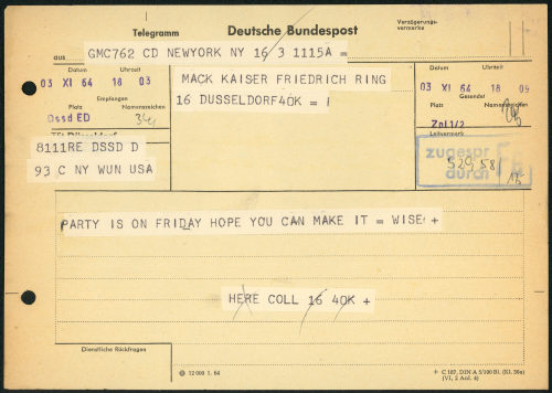 Howard Wise Gallery (Absender*in), Korrespondenz von Howard Wise Gallery an Heinz Mack, 03.11.1964