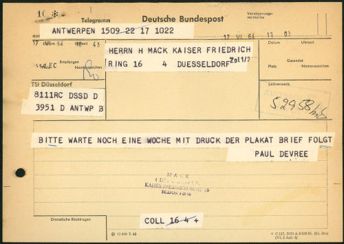 Integratie 64 (Absender*in), Korrespondenz von Paul de Vree an Heinz Mack, 17.06.1964