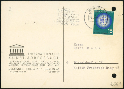 Internationales Kunst-Adressbuch (Absender*in), Korrespondenz von Internationales Kunst-Adressbuch an Heinz Mack, 10.02.1965