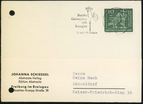 Johanna Schiessel Abstracta-Verlag (Absender*in), Korrespondenz von Johanna Schiessel Abstracta-Verlag an Heinz Mack, 14.09.1960