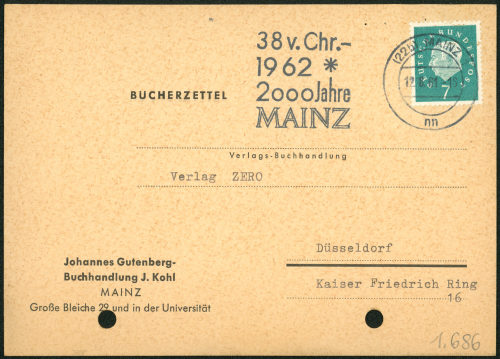 Johannes Gutenberg-Buchhandlung J. Kohl (Absender*in), Korrespondenz von Johannes Gutenberg-Buchhandlung J. Kohl an Verlag ZERO, 12.08.1961