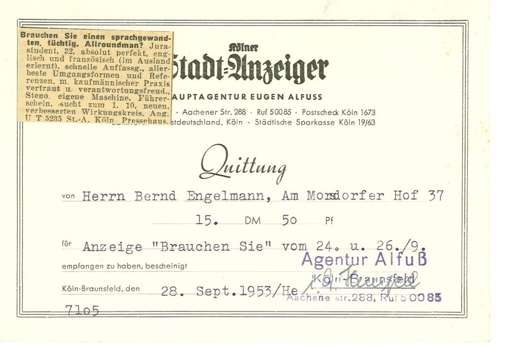 Zeitungsanzeige mit Quittung des Kölner Stadt-Anzeigers