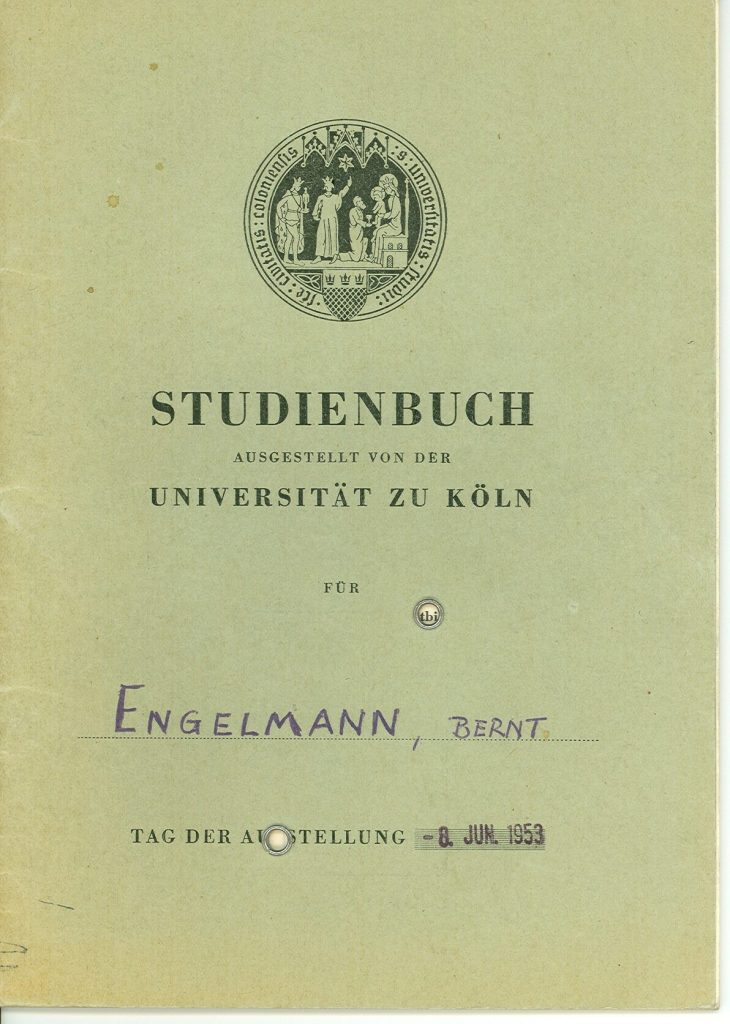 Studienbuch ausgestellt von der Universität zu Köln für Bernt Engelmann