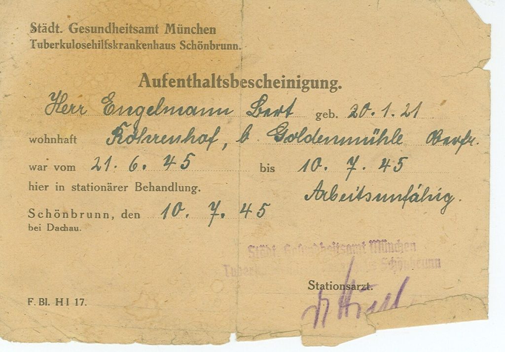 Aufenthaltsbescheinigung des Tuberkulosehilfskrankenhaus Schönbrunn