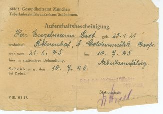 Aufenthaltsbescheinigung des Tuberkulosehilfskrankenhaus Schönbrunn