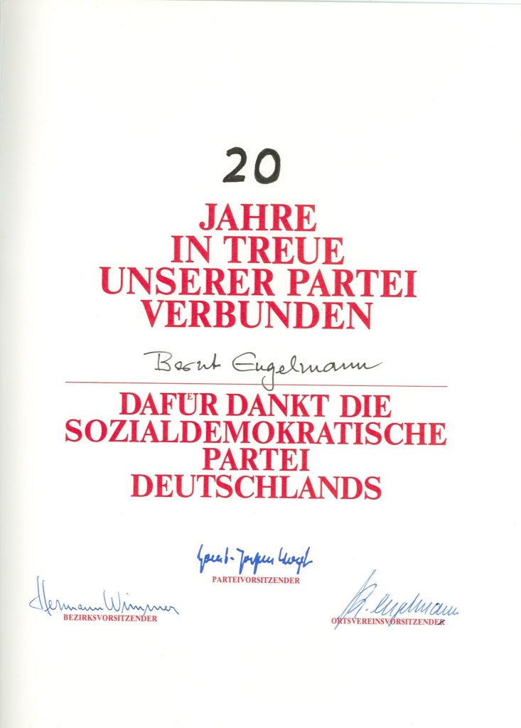 Urkunde zur 20jährigen Mitgliedschaft Bernt Engelmanns in der Sozialdemokratischen Partei Deuts ...