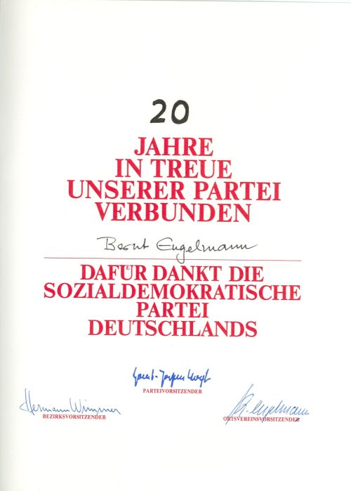 Urkunde zur 20jährigen Mitgliedschaft Bernt Engelmanns in der Sozialdemokratischen Partei Deuts ...