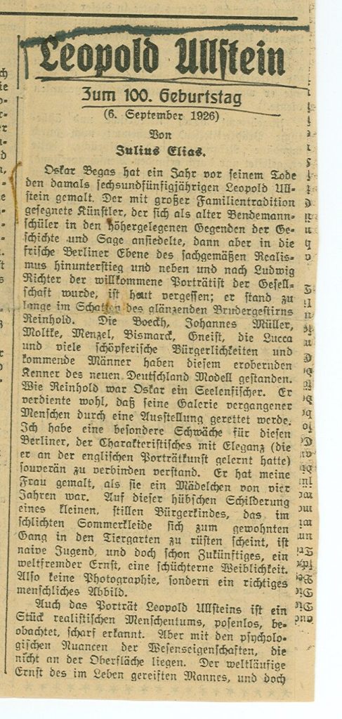 Zeitungsartikel zum 100. Geburtstag von Leopold Ullstein