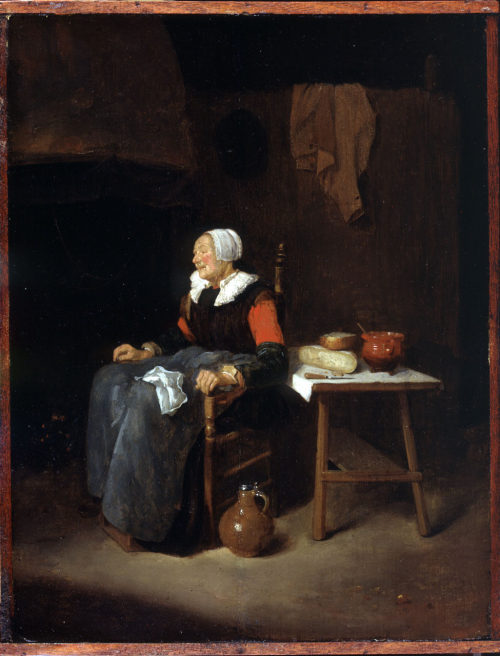 Quiringh Gerritsz. van Brekelenkam, An einem Kamin sitzende Frau mit Brotzeit, 1662, Kunstpalas ...