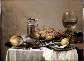 Pieter Claesz., Banketje - Stillleben mit Seekrabbe, weingefülltem Römer, chinesischem Porzella ...