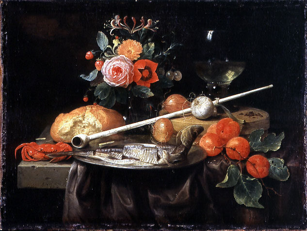 Joris van Son, Stillleben mit Blumenvase, Früchten, Hering und Pfeife, 1658, Kunstpalast, Düsse ...