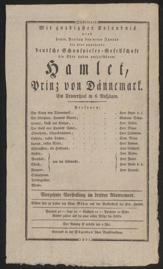 Theaterzettel zur Aufführung von "Hamlet" von William Shakespeare am 5.1.1805 in Düsseldorf (Ga ...