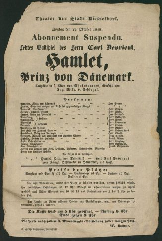 Theaterzettel zur Aufführung von "Hamlet" von William Shakespeare am 23.10.1848 in Düsseldorf ( ...