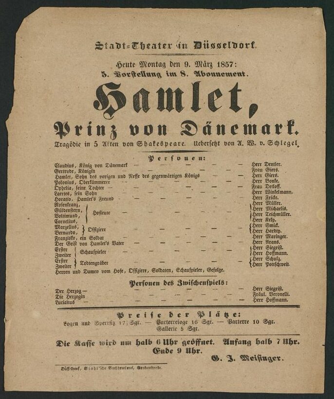 Theaterzettel zur Aufführung von "Hamlet" von William Shakespeare am 9. März 1857 in Düsseldorf