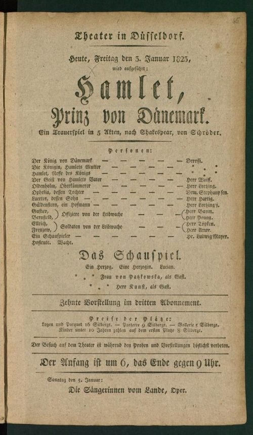 Theaterzettel zur Aufführung von "Hamlet" von William Shakespeare am 3. Januar 1823 in Düsseldo ...