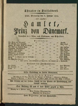 Theaterzettel zur Aufführung von "Hamlet" von William Shakespeare am 6. Februar 1825