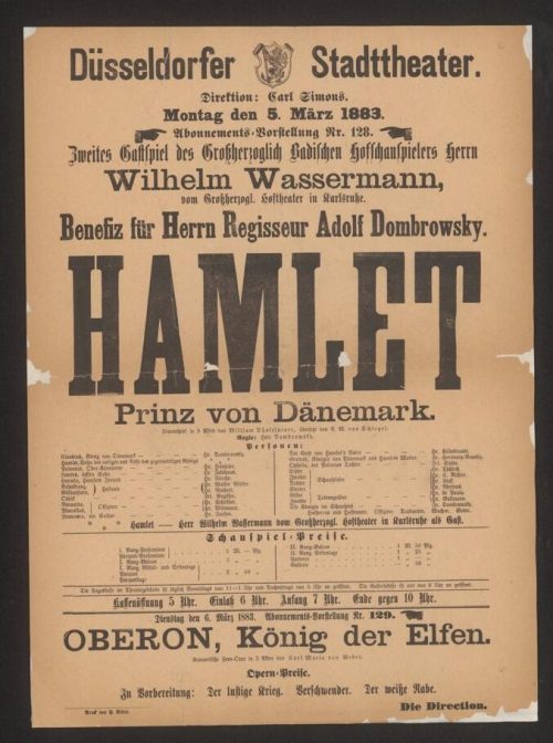 Theaterzettel zur Aufführung von "Hamlet" von William Shakespeare am 5. März 1883 in Düsseldorf ...