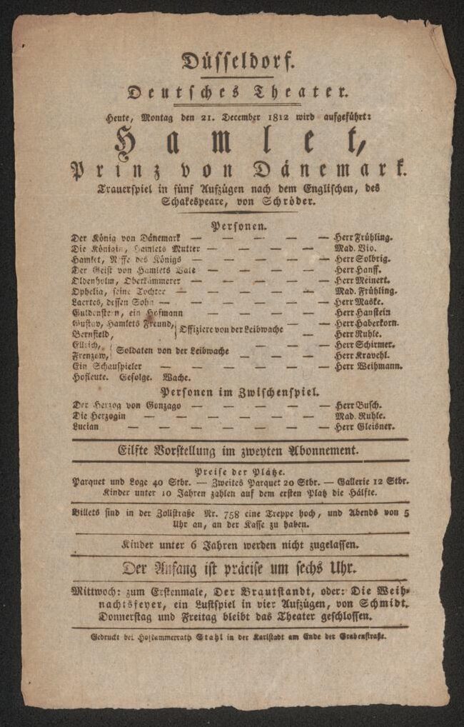 Theaterzettel zur Aufführung von "Hamlet" von William Shakespeare am 21. December 1812 in Düsse ...