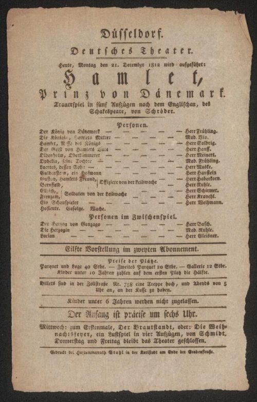 Theaterzettel zur Aufführung von "Hamlet" von William Shakespeare am 21. December 1812 in Düsse ...