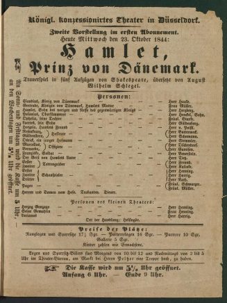 Theaterzettel zur Aufführung von "Hamlet" von William Shakespeare in Düsseldorf am 23. Oktober  ...