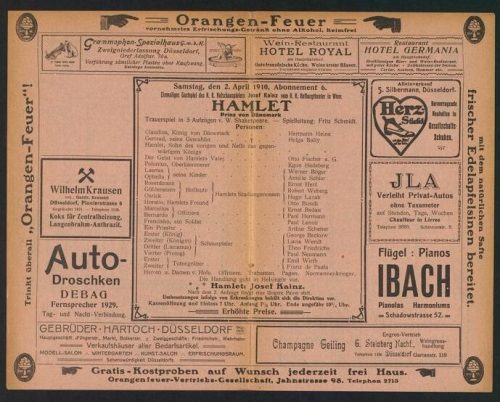 Theaterzettel zur Aufführung von "Hamlet" von William Shakespeare am 2. April 1910 in Düsseldor ...