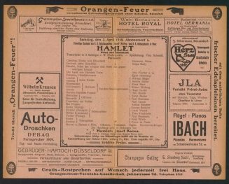 Theaterzettel zur Aufführung von "Hamlet" von William Shakespeare am 2. April 1910 in Düsseldor ...