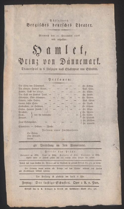 Theaterzettel zur Aufführung von "Hamlet" von William Shakespeare am 17. Dezember 1806 in Düsse ...