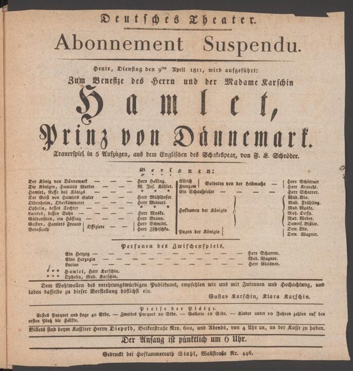 Theaterzettel zur Aufführung von "Hamlet" von William Shakespeare am 9ten April 1811 in Düsseld ...