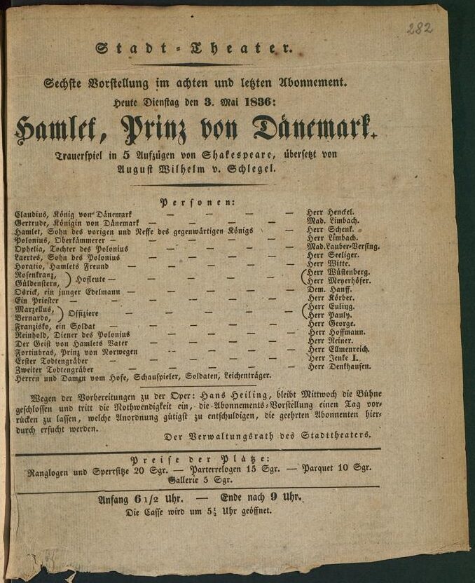 Theaterzettel zur Aufführung von "Hamlet" von William  Shakespeare am 3. Mai 1836 in Düsseldorf ...