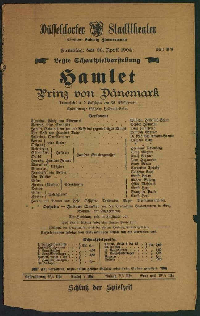 Theaterzettel zur Aufführung von "Hamlet" von William Shakespeare in Düsseldorf am 30. April 19 ...