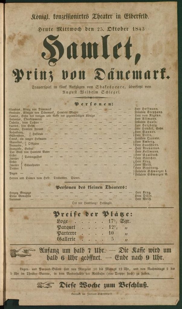 Theaterzettel zu der Aufführung von "Hamlet" von William Shakespeare am 25. Oktober 1843 in Elb ...