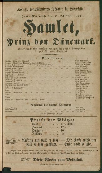 Theaterzettel zu der Aufführung von "Hamlet" von William Shakespeare am 25. Oktober 1843 in Elb ...