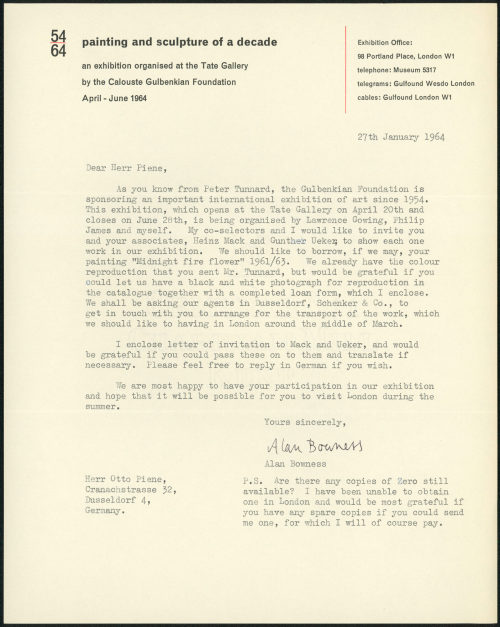 Otto Piene (Empfänger*in), Korrespondenz von Painting and Sculpture of a Decade, Exhibition Office an Otto Piene, 27.01.1964
