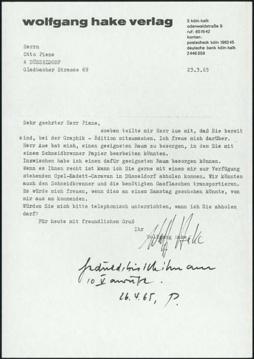 Wolfgang Hake Verlag <Köln> (Absender*in), Korrespondenz von Wolfgang Hake Verlag an Otto Piene, 23.03.1965