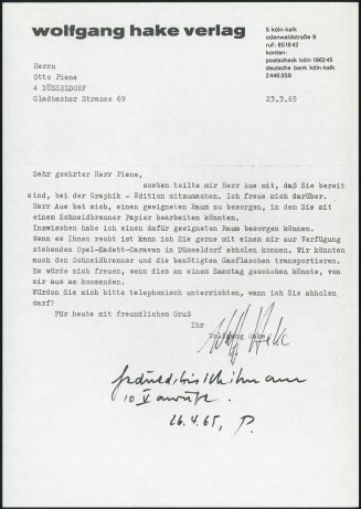 Korrespondenz von Wolfgang Hake Verlag an Otto Piene