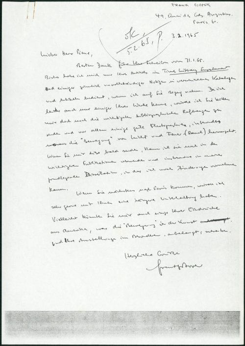 Frank Popper (Absender*in), Korrespondenz von Frank Popper an Otto Piene, 03.02.1965