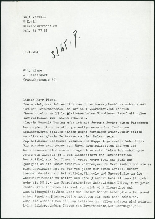 Wolf Vostell (Absender*in), Korrespondenz von Wolf Vostell an Otto Piene, 31.12.1964